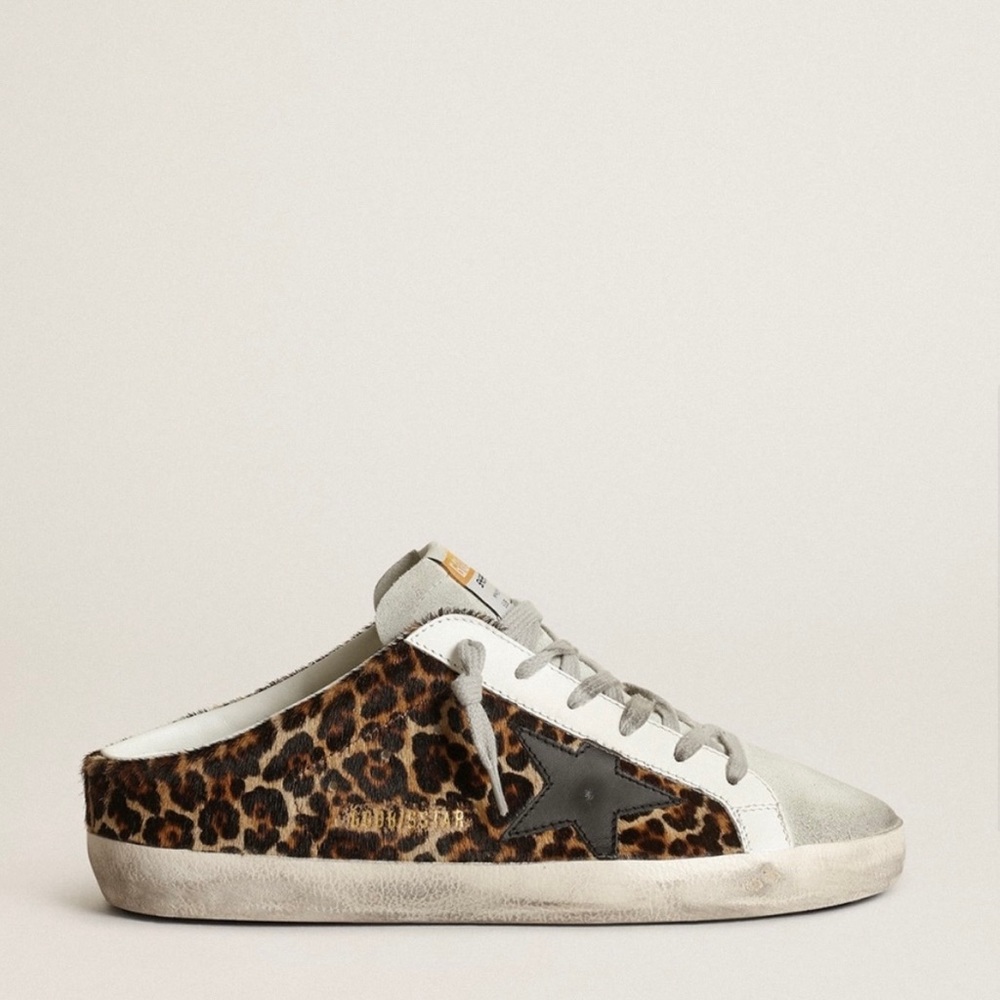 Golden Goode Super-Star Sabots leopard-print pony skin black leather star